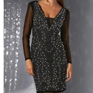 Boston Proper Black Pearl Rhinestone Embellished Sheer Sleeve Party Dress 10 NWT